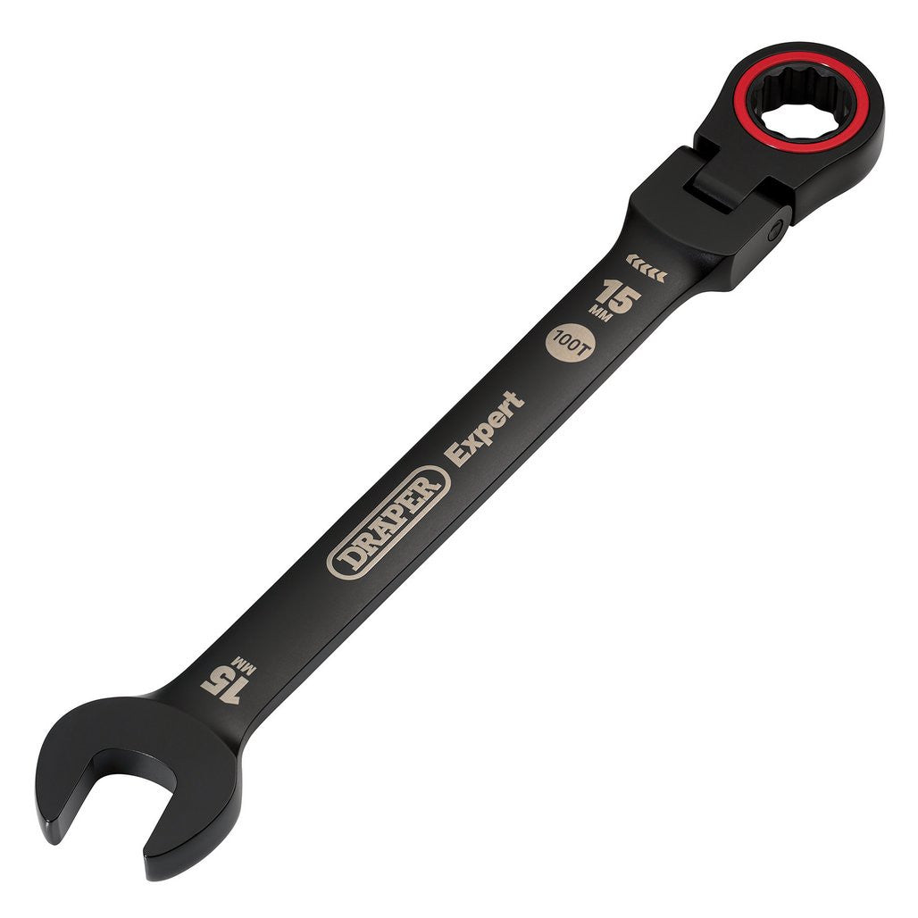 Draper Expert HI-TORQ® Metric Flexible Head Ratchet Combination Spanner, 15mm, Black 03922