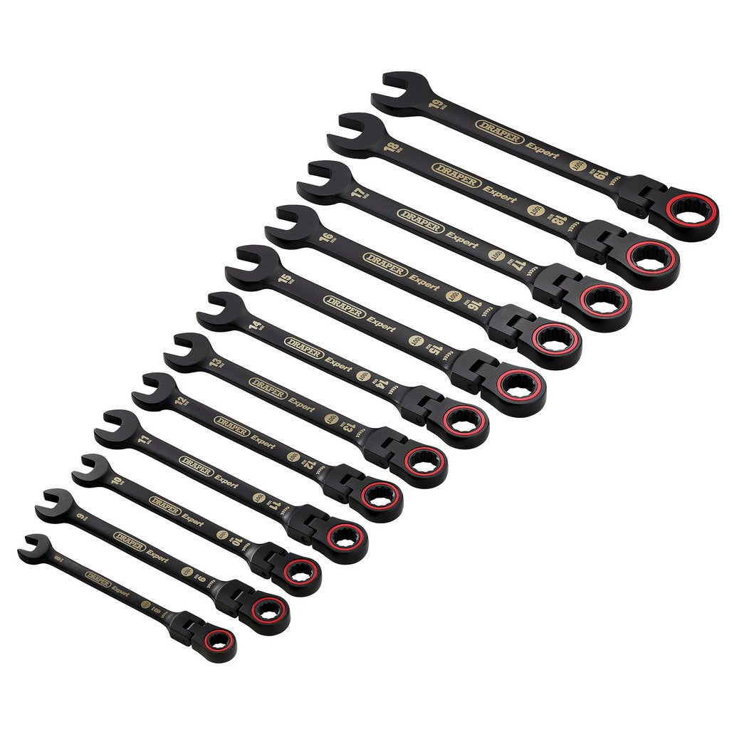 Draper Expert HI-TORQ® Metric Flexible Head Ratchet Combination Spanner Set, Black (12 Piece) 03929