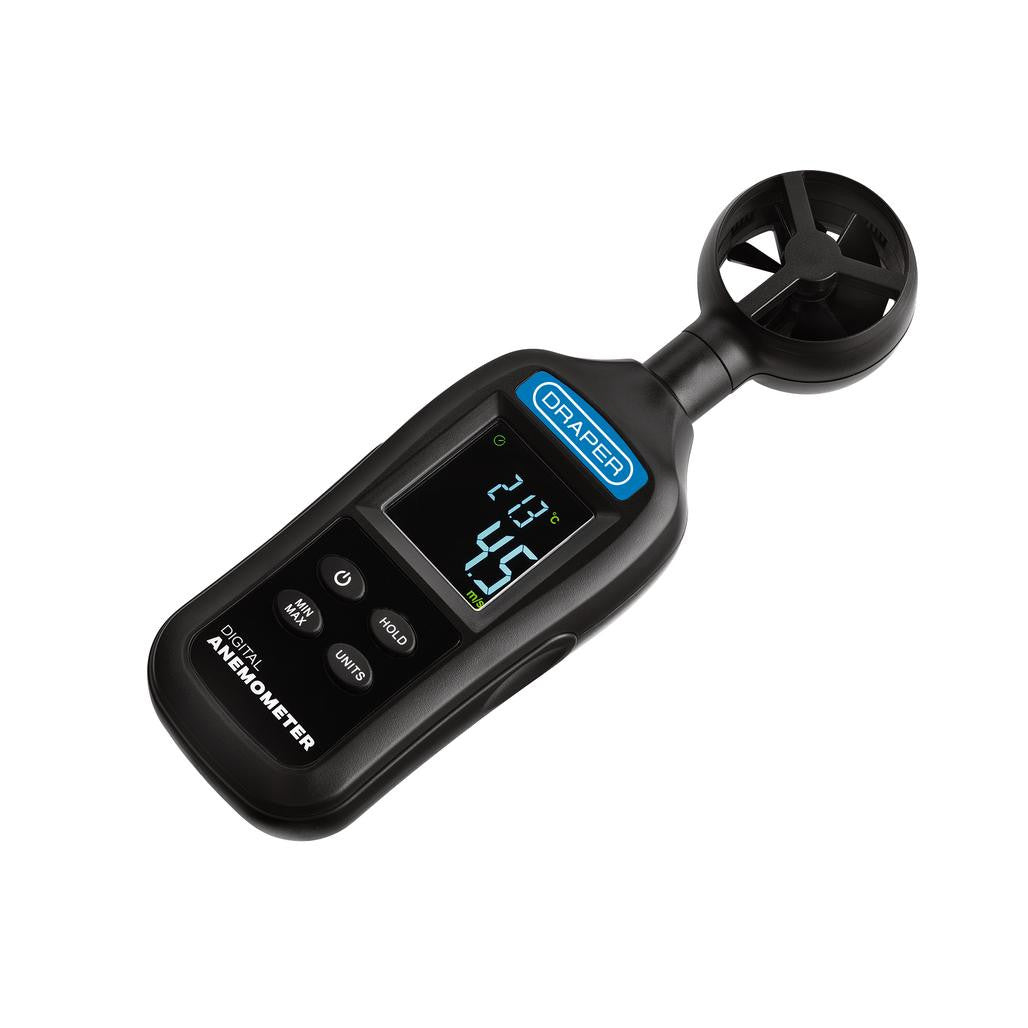Draper Handheld Digital Anemometer - Wind Speed and Temperature Meter, 0.4-30m/s and -20 to +70°C