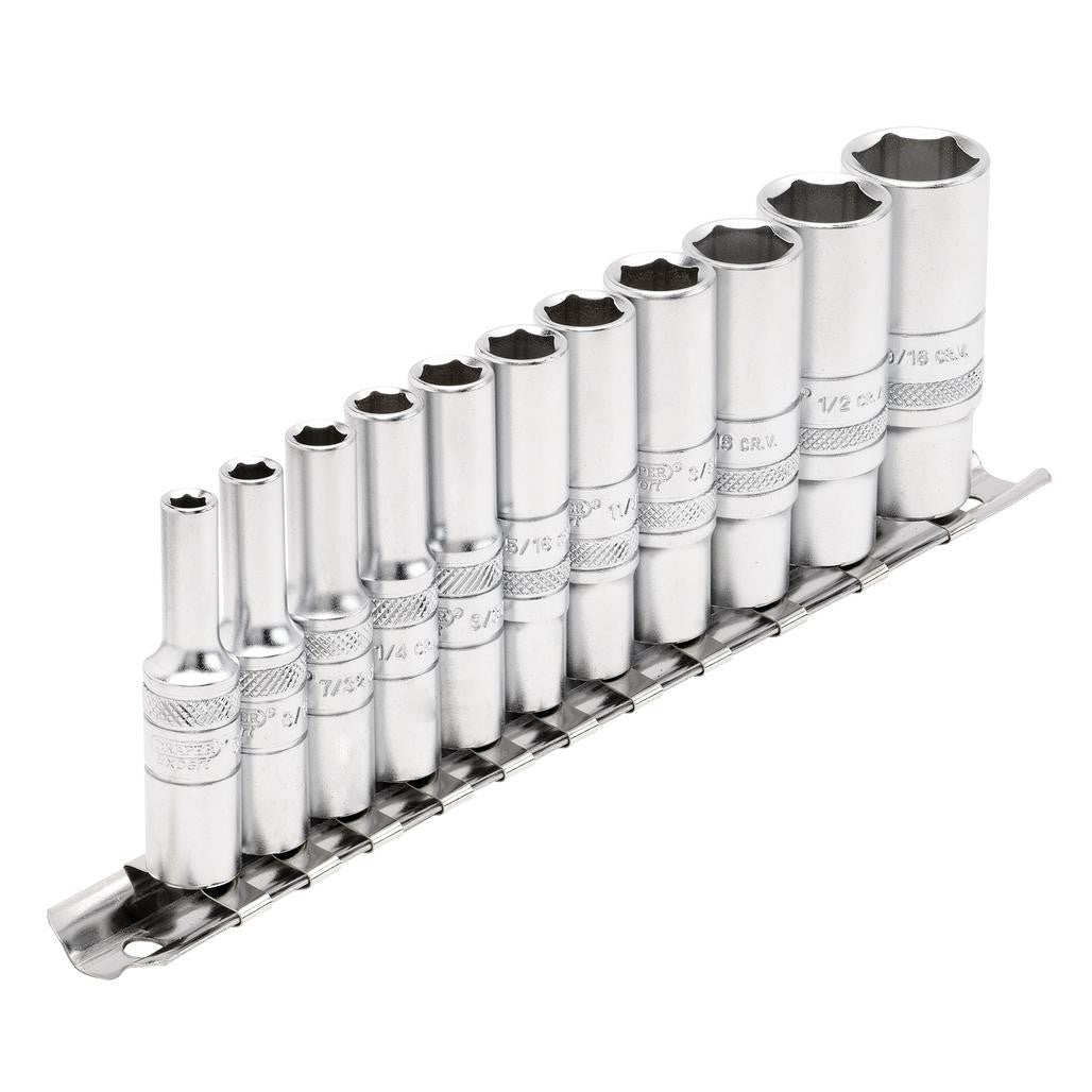 Draper Expert Imperial Deep Socket on Metal Rail, 1/4" Sq. Dr. (11 Piece) 16491