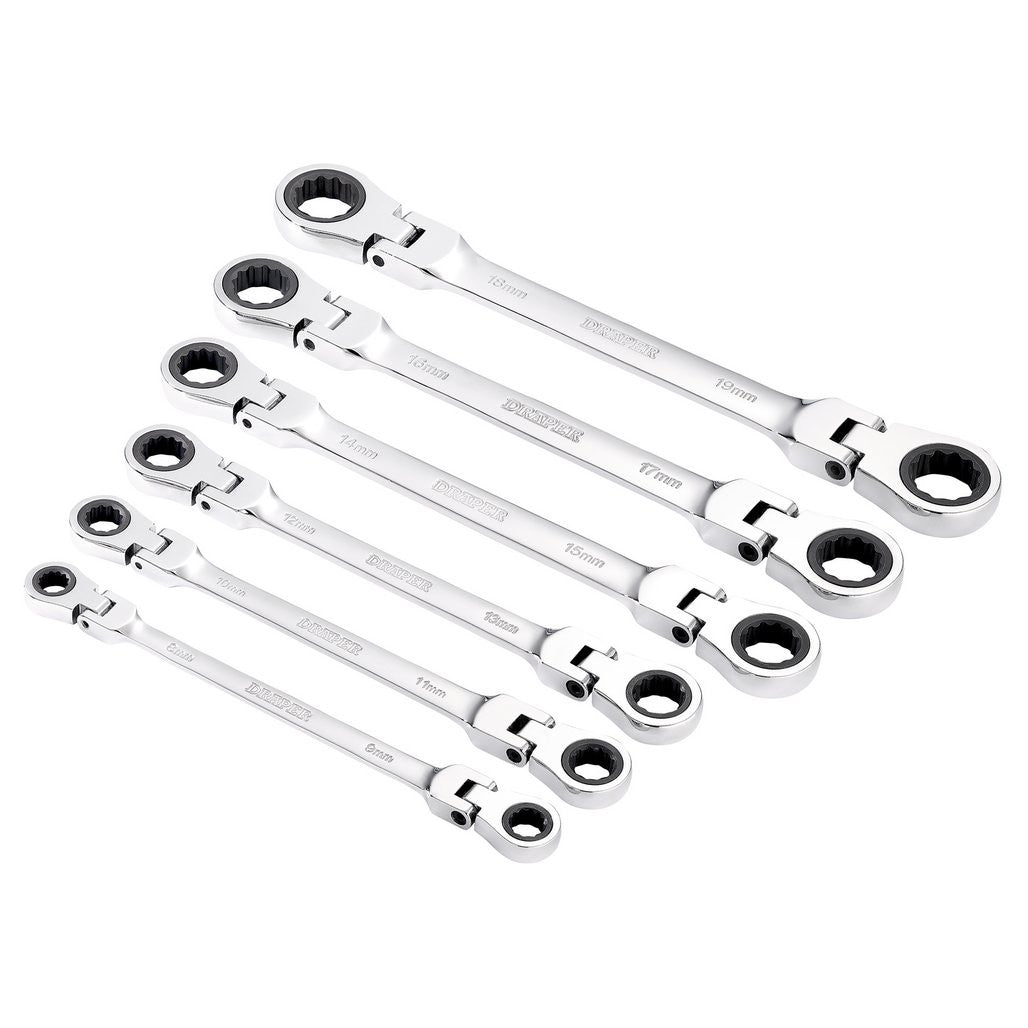 Draper HI-TORQ® Metric Flexible Head Double Ring Ratchet Spanner Set (6 Piece) 27762
