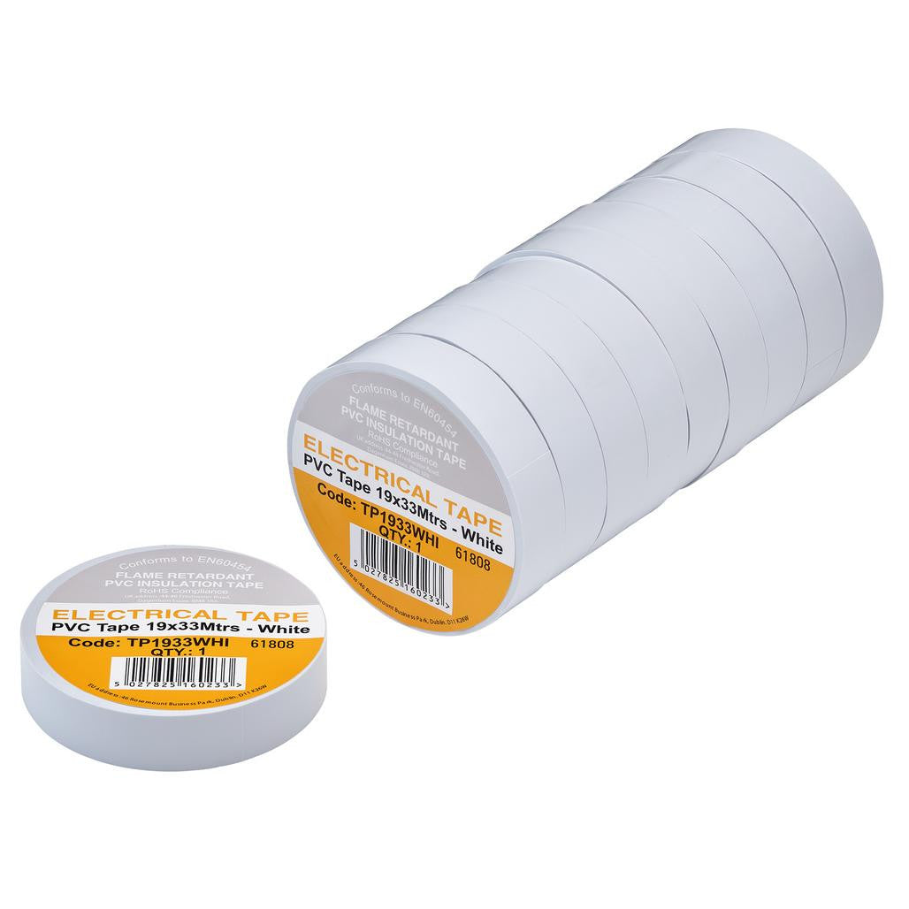 Draper White PVC Electrical Insulation Tape, 19mm x 33m (Pack of 10) 29503