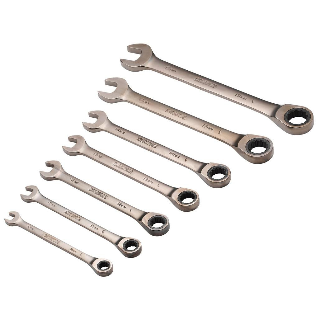 Draper HI-TORQ® Metric Ratcheting Combination Spanner Set, Black (7 Piece) 51178
