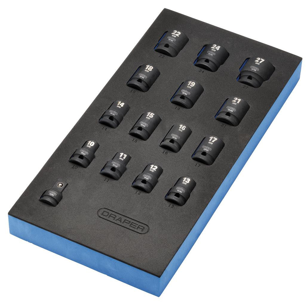 Draper Draper HI-TORQ® Metric Impact Socket Set in EVA Drawer Insert Tray, 1/2" Sq. Dr. (15 Piece)