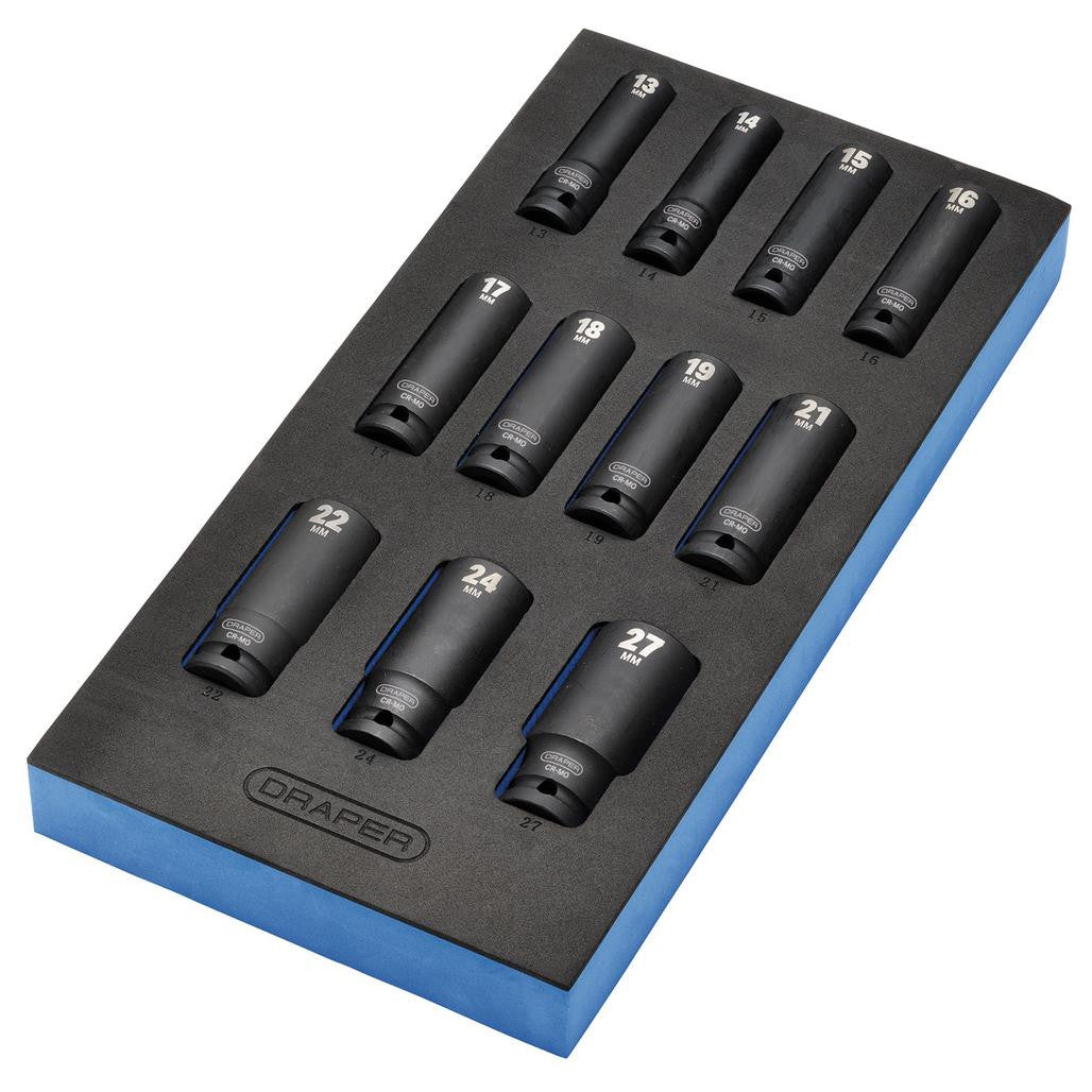 Draper Draper HI-TORQ® Metric Deep Impact Socket Set in EVA Drawer Insert Tray, 1/2" Sq. Dr. (11 Piece)