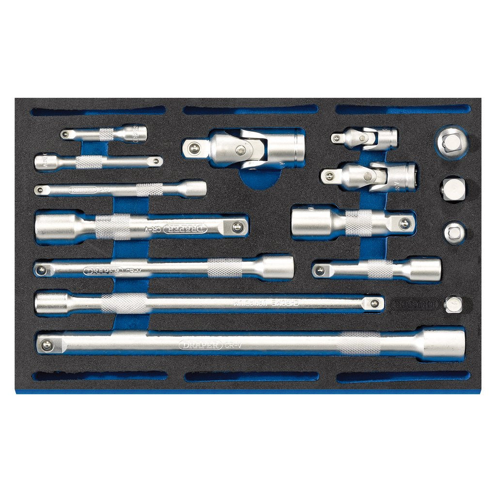 Draper Extension Bar, Universal Joints and Socket Convertor Set 1/4 Drawer EVA Insert Tray (16 Piece)