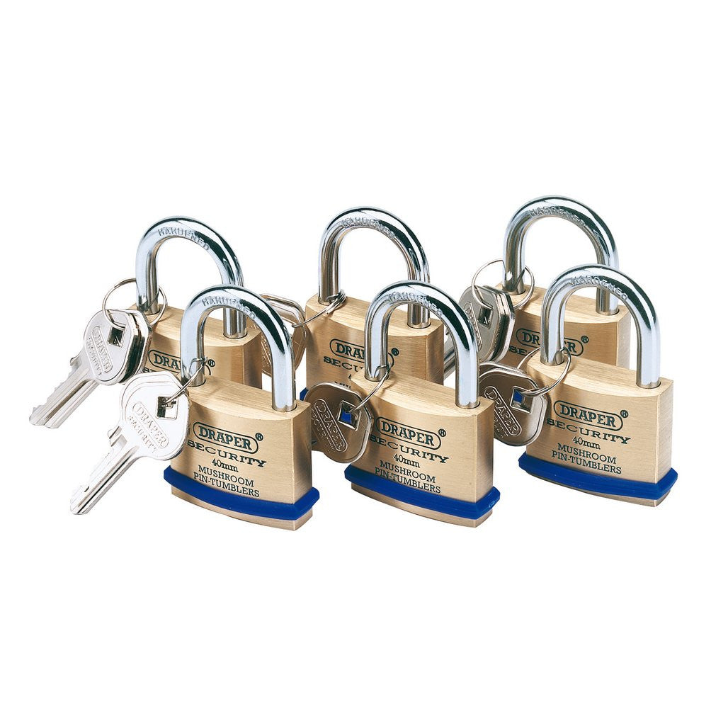 Draper Solid Brass Padlocks with Hardened Steel Shackle, 40mm (Pack of 6)