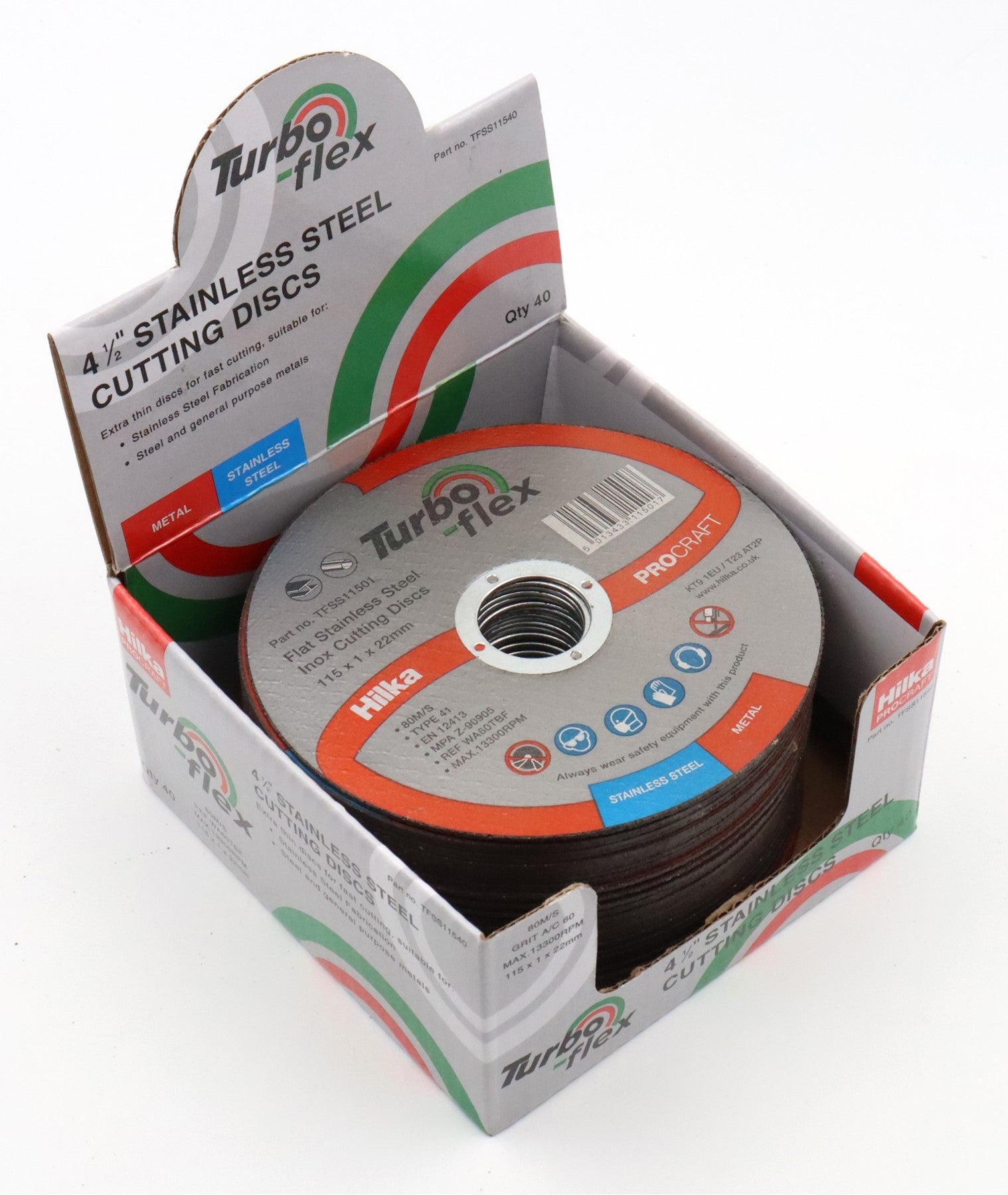 Hilka 115mm SS Cutting Disc Turbo Flex in 40 pce Display TFSS11501