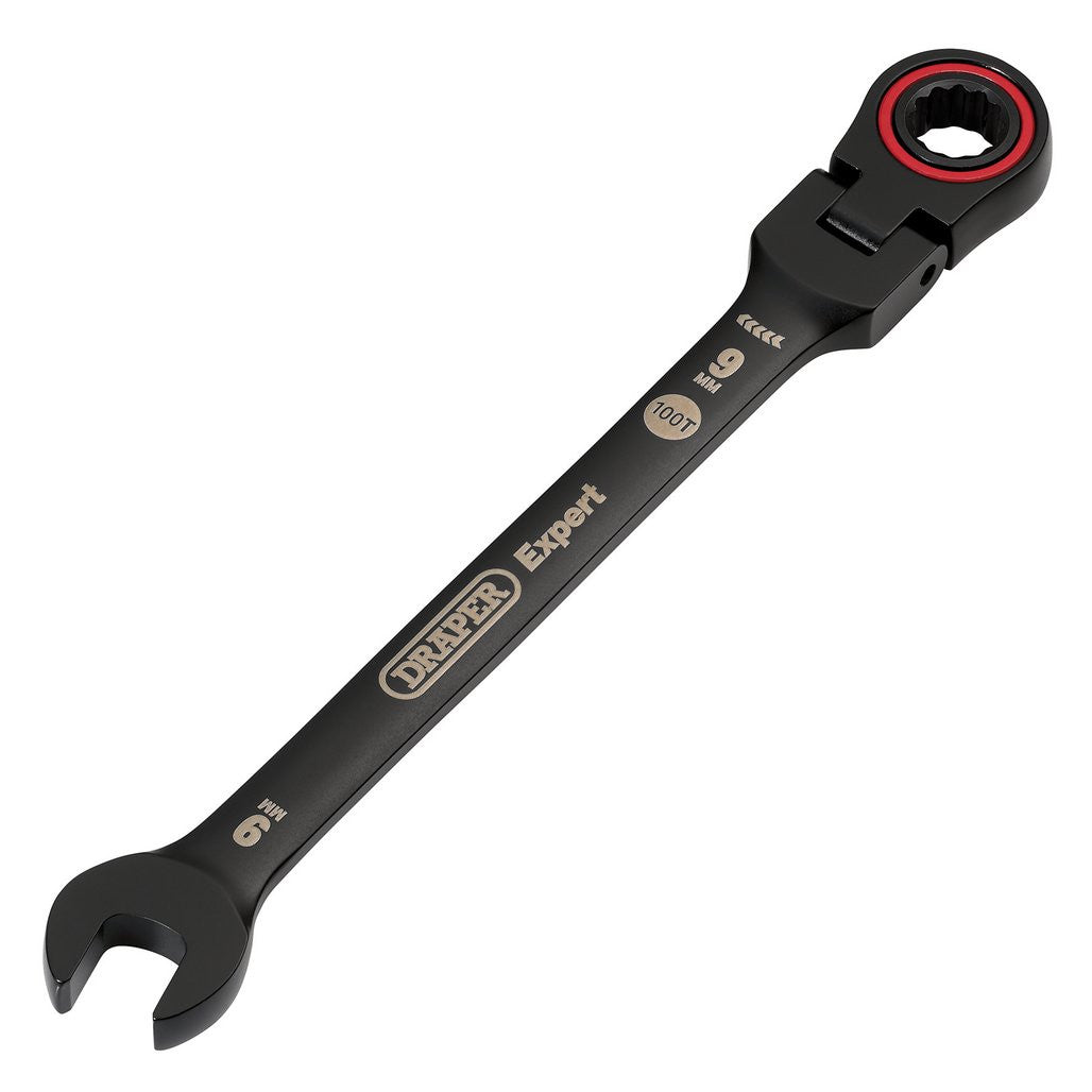 Draper Expert HI-TORQ® Metric Flexible Head Ratchet Combination Spanner, 9mm, Black  03915