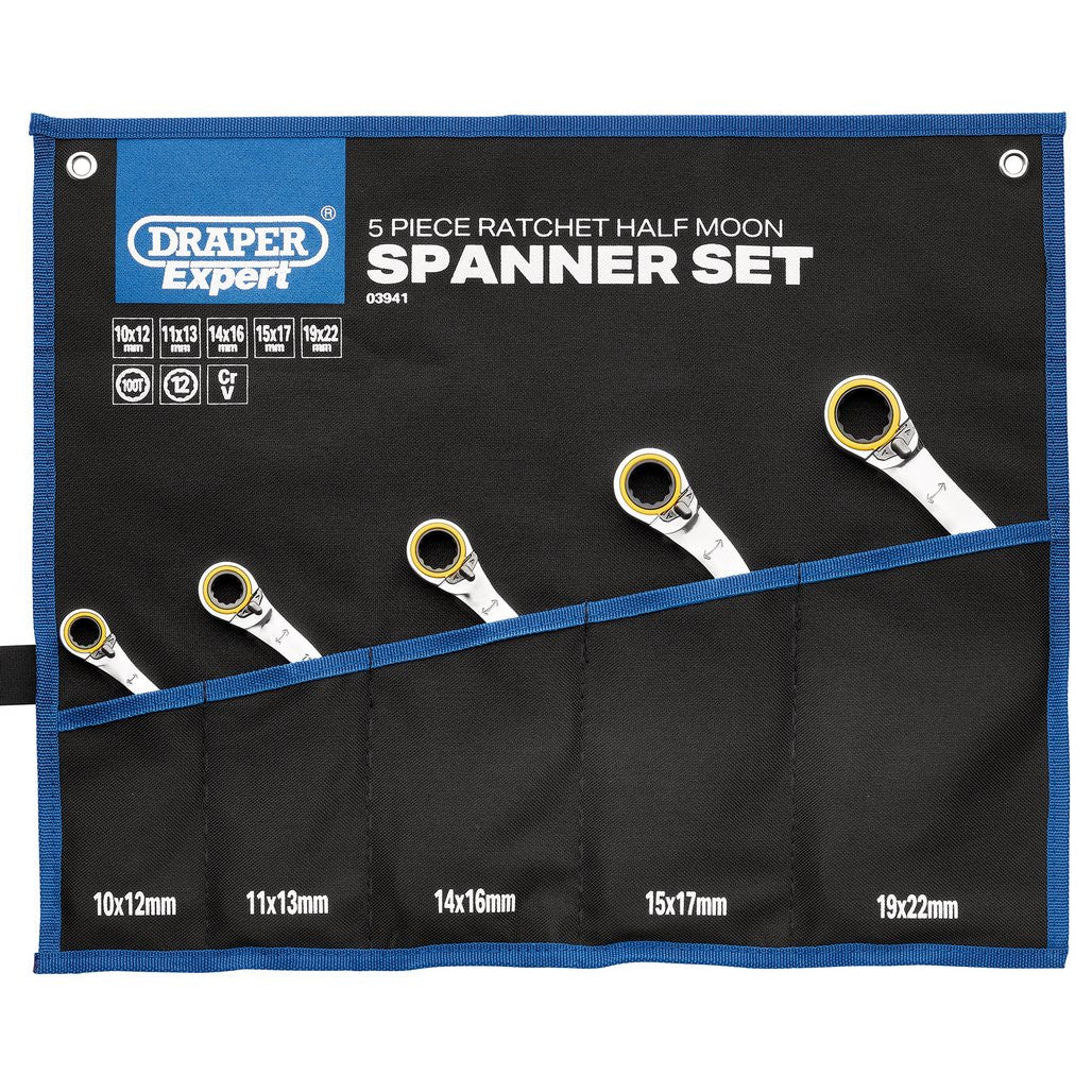 Draper Expert HI-TORQ® Double Ring Reversible Ratchet Half Moon Spanner Set (5 Piece)  03941