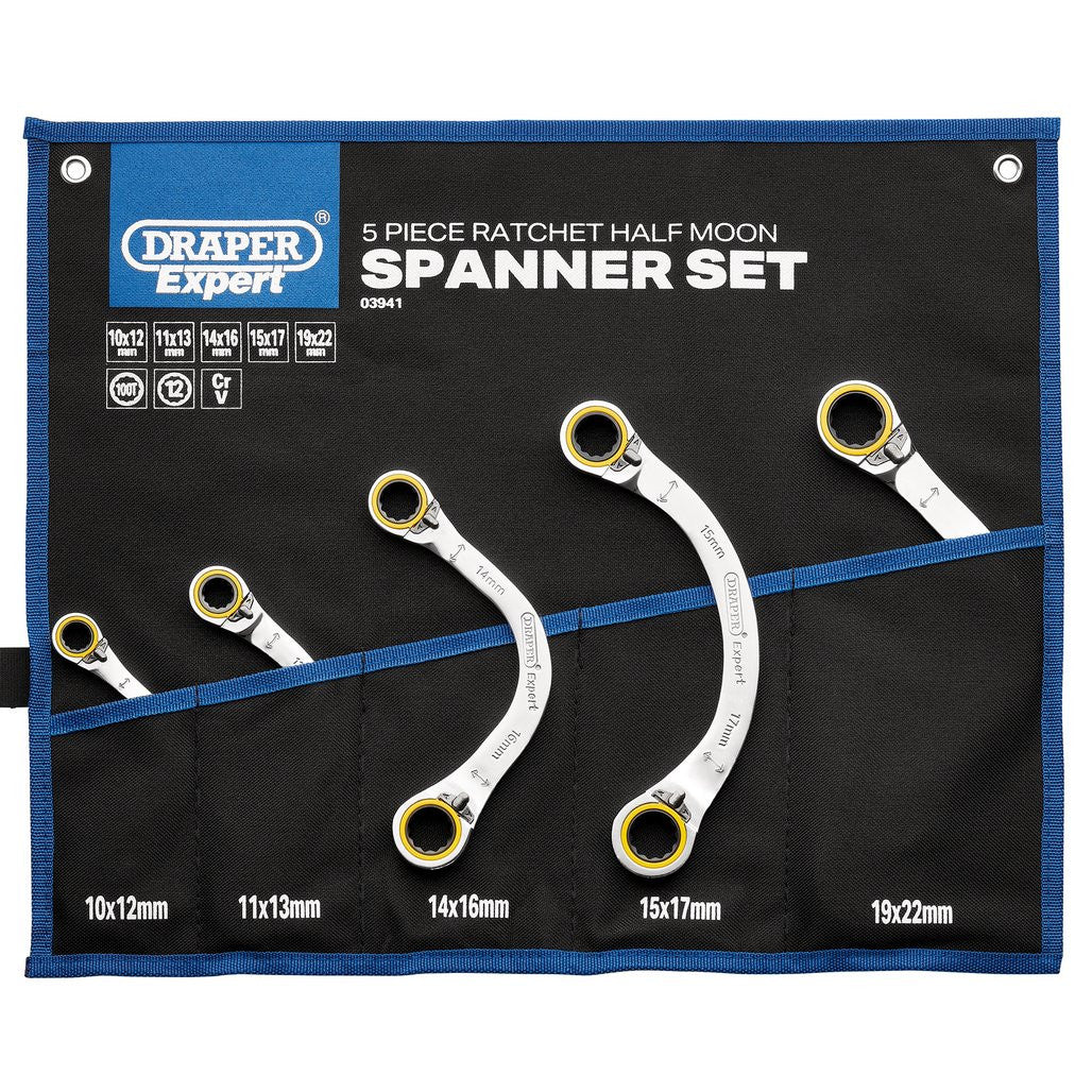 Draper Expert HI-TORQ® Double Ring Reversible Ratchet Half Moon Spanner Set (5 Piece)  03941