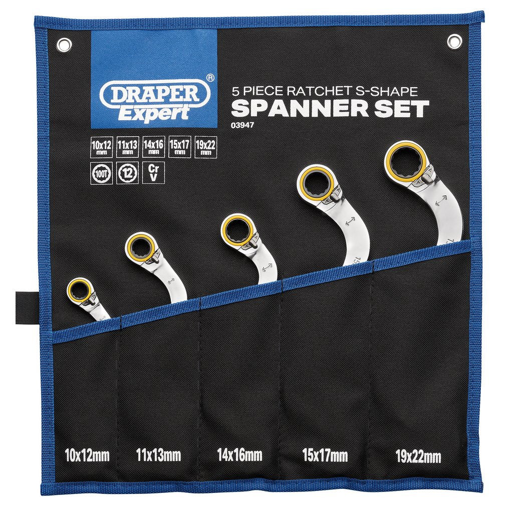 Draper Expert HI-TORQ® Double Ring Reversible Ratchet S-Shape Spanner Set (5 Piece)  03947