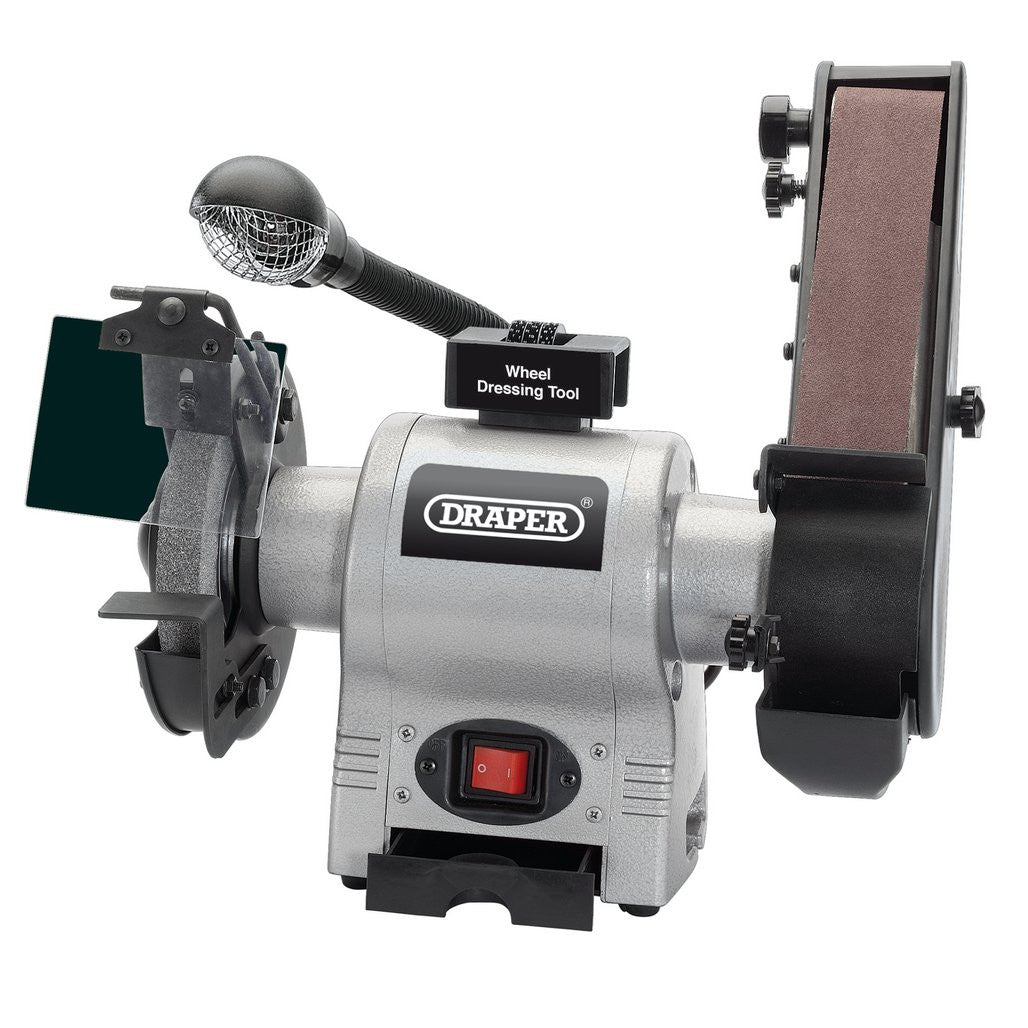Draper Bench Grinder with Sanding Belt and Work light, 150mm, 370W  05096