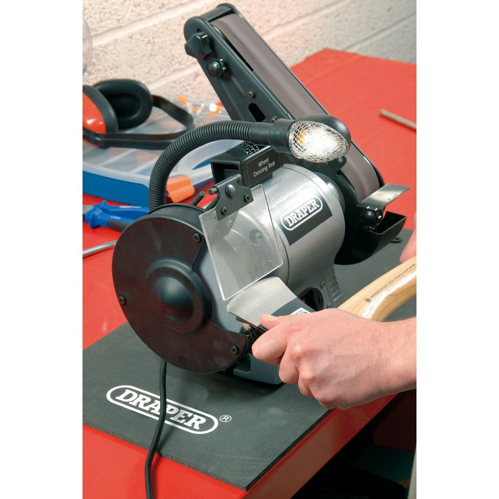 Draper Bench Grinder with Sanding Belt and Work light, 150mm, 370W  05096