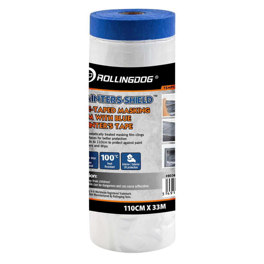 Draper ROLLINGDOG PAINTERS-SHIELD™ Blue Pretaped Masking Film, 33m x 110cm  09663