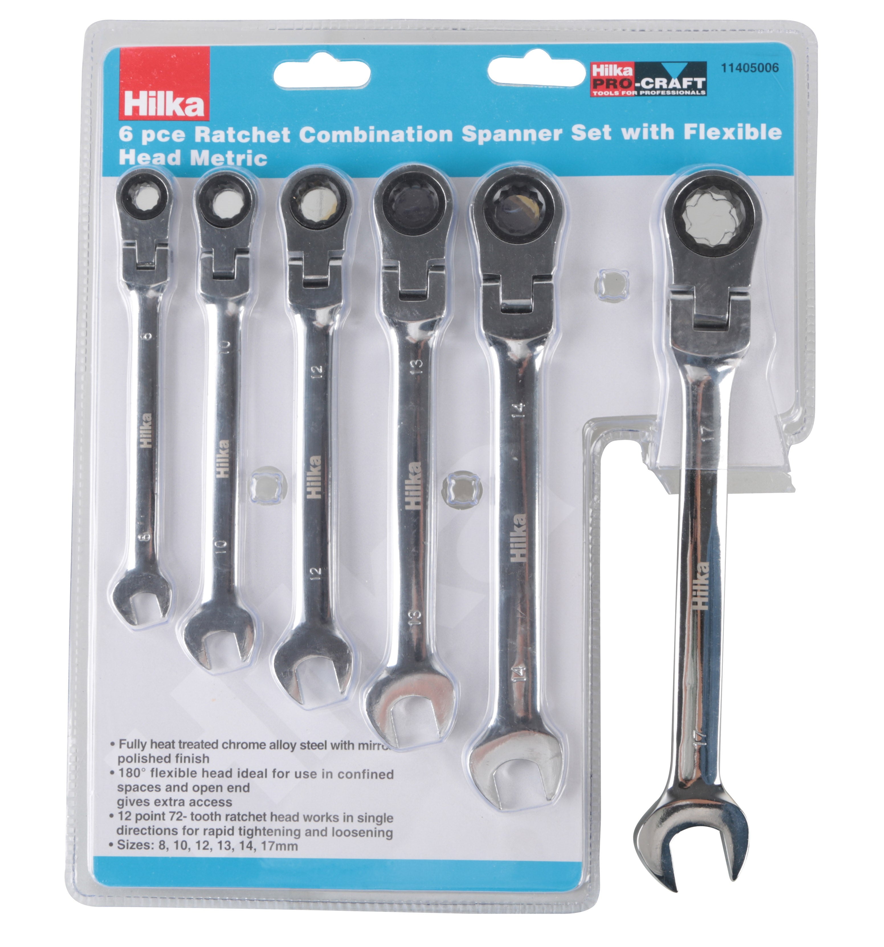 Hilka 6 pce Ratchet Spanner Set with Flexible Head Metric 11405006