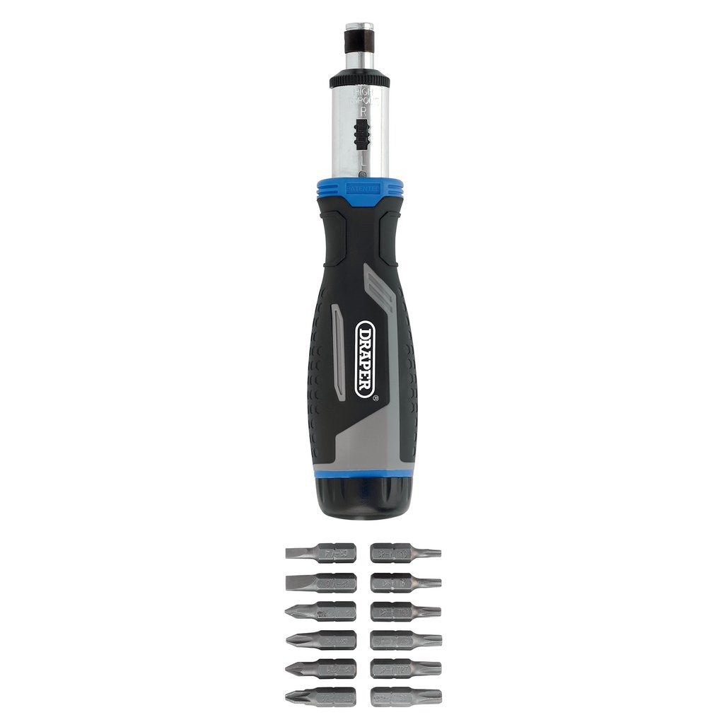 Draper Soft Grip Ratchet Screwdriver and Bit Set, 1/4" (13 Piece)  13440