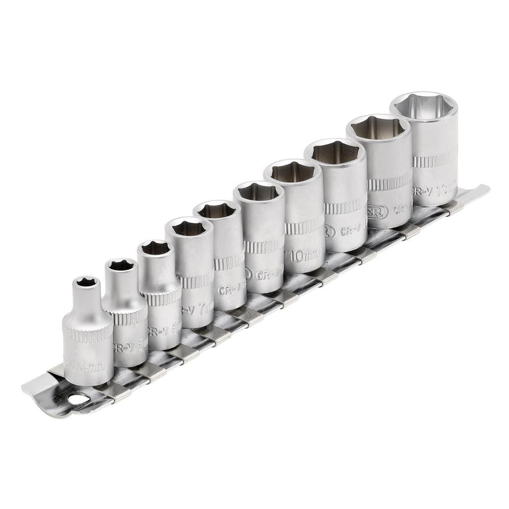 Draper Metric Socket on Metal Rail, 1/4" Sq. Dr. (10 Piece)  16398