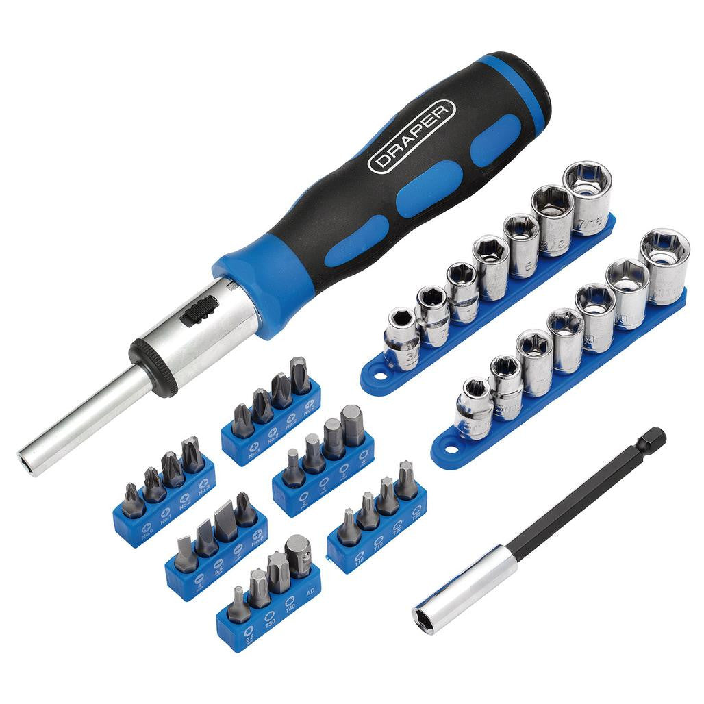 Draper Ratchet Screwdriver Socket and Bit Set, 1/4" Sq. Dr. (40 Piece)   21010