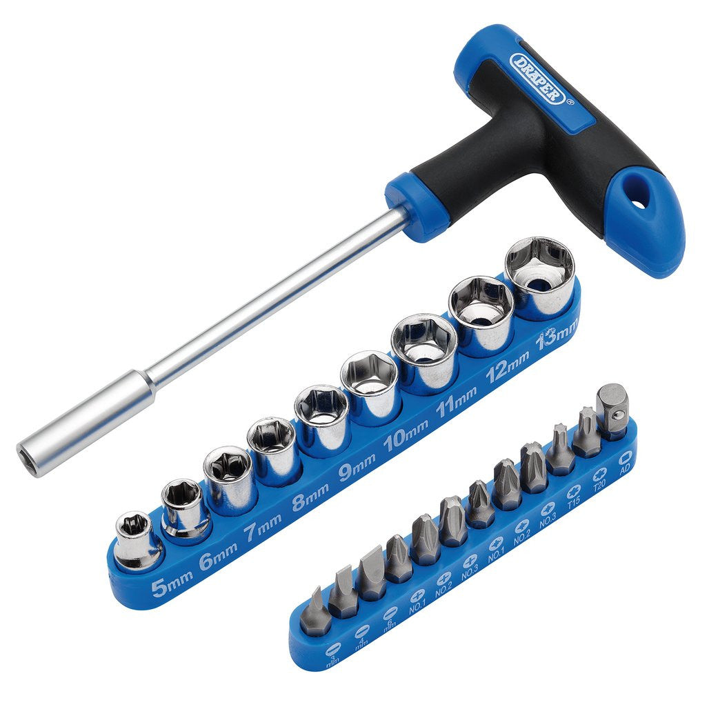 Draper T-Handle Screwdriver, Socket and Bit Set, 1/4" Sq. Dr. (22 Piece)  21011