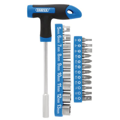 Draper T-Handle Screwdriver, Socket and Bit Set, 1/4" Sq. Dr. (22 Piece)  21011