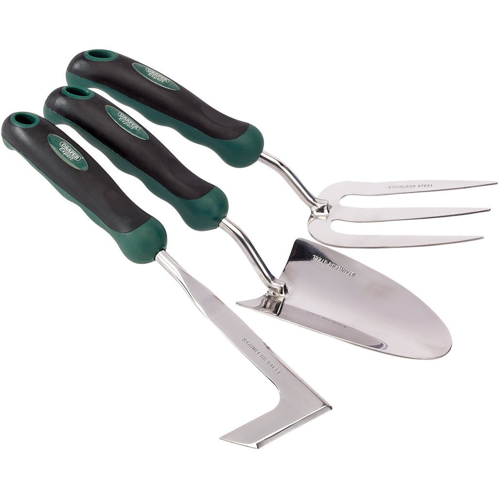 Draper Stainless Steel Heavy Duty Soft Grip Fork, Trowel and Weeder Set (3 Piece)  27436