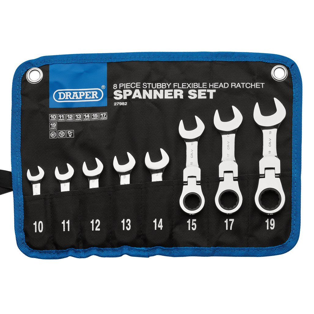 Draper HI-TORQ® Metric Stubby Flexible Head Ratchet Combination Spanner Set (8 Piece)  27982