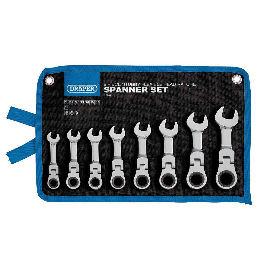 Draper HI-TORQ® Metric Stubby Flexible Head Ratchet Combination Spanner Set (8 Piece)  27982