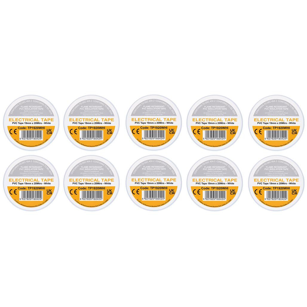 Draper White PVC Electrical Insulation Tape, 19mm x 20m (Pack of 10)  29532