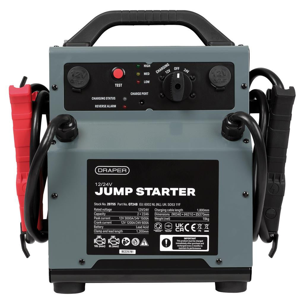 Draper 12/24V Jump Starter, 3000/1500 Peak Amps 29755