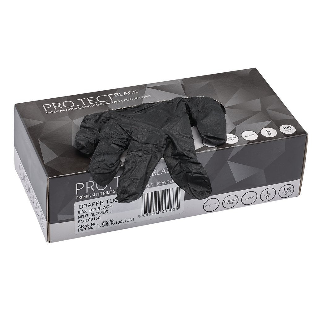 Draper Nitrile Gloves, Large, Black (Pack of 100)  31035