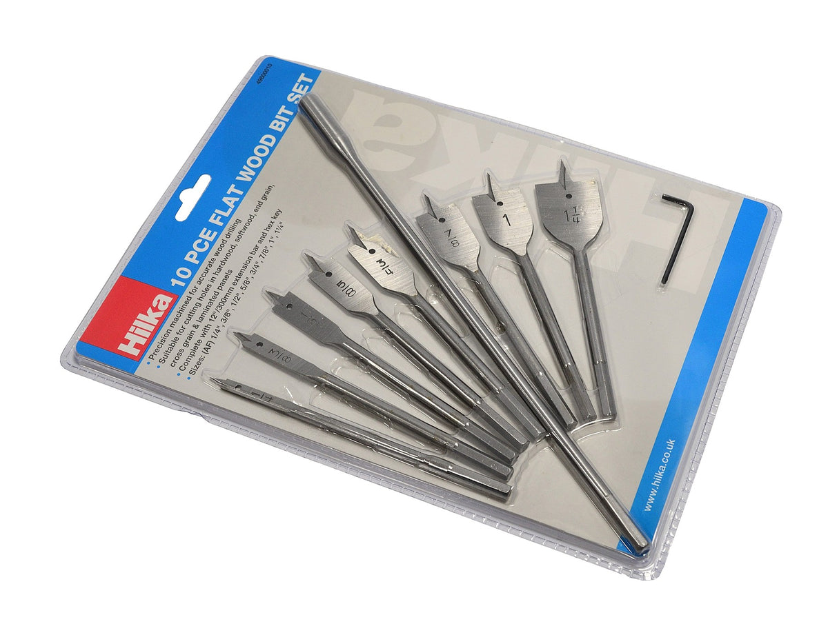 Hilka 10 pce Flat Wood Boring Bit Set 49600010