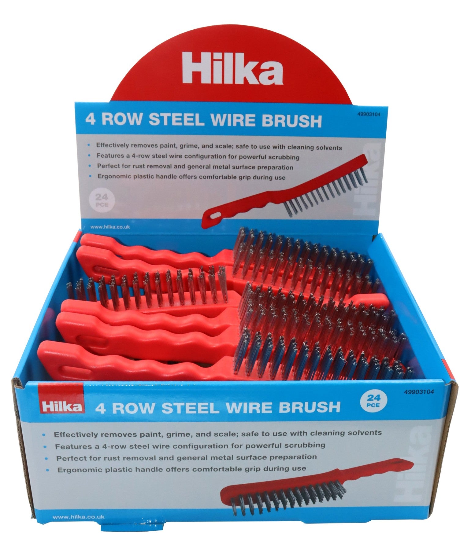 Hilka 4 Row Steel Wire Brush in 24 pce Display 49903104