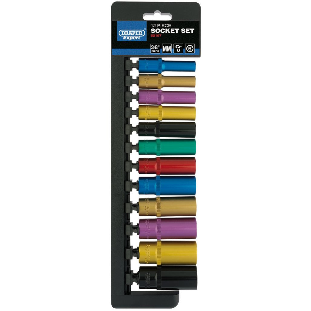 Draper Expert Metric Coloured Deep Socket Set, 3/8" Sq. Dr. (12 Piece)  50197