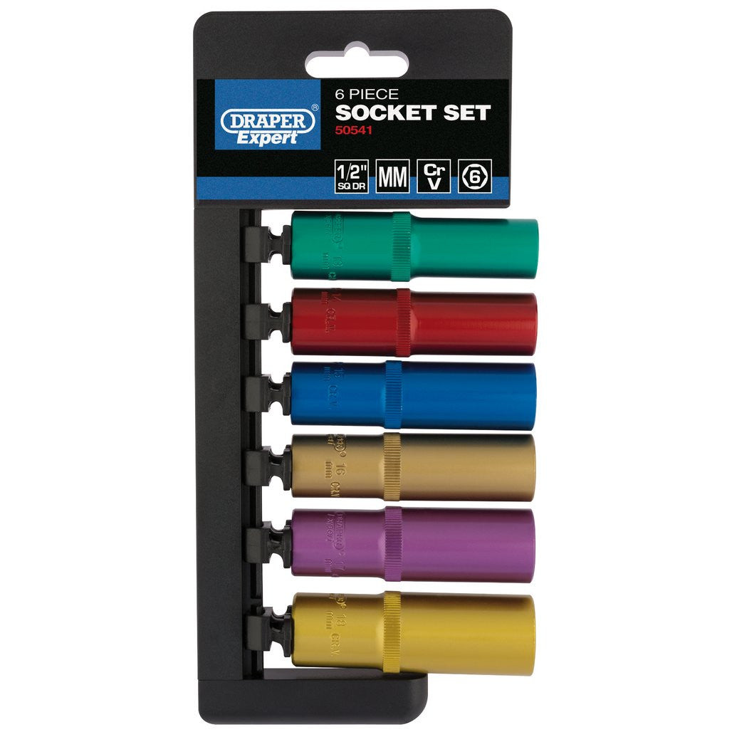 Draper Expert Metric Coloured Deep Socket Set, 1/2" Sq. Dr. (6 Piece)  50541