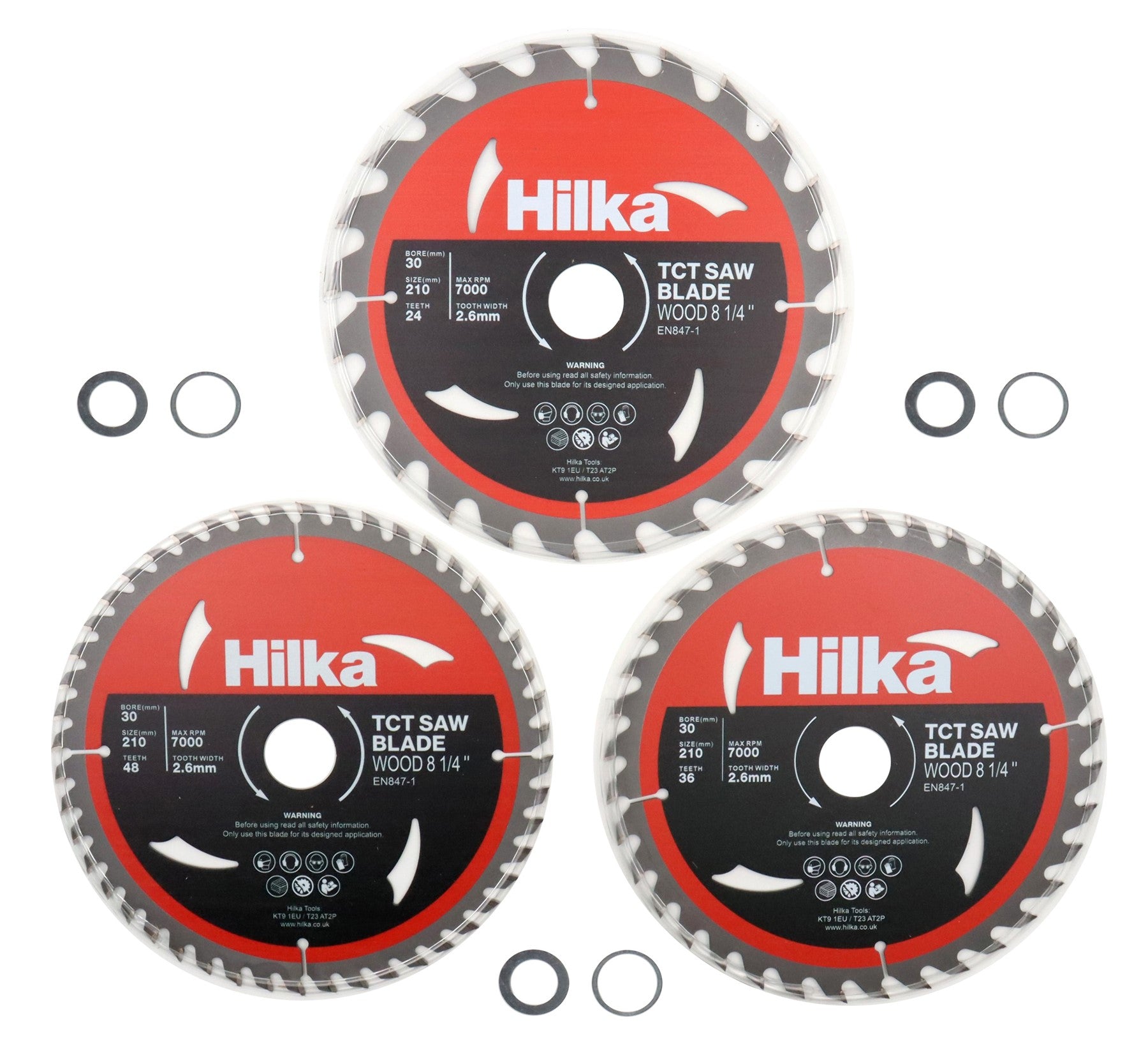 Hilka 3 pce 8 1/4" (210mm) TCT Saw Blades 24 / 36 / 48 TPI 51210003