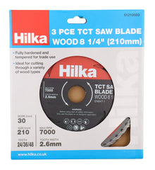 Hilka 3 pce 8 1/4" (210mm) TCT Saw Blades 24 / 36 / 48 TPI 51210003