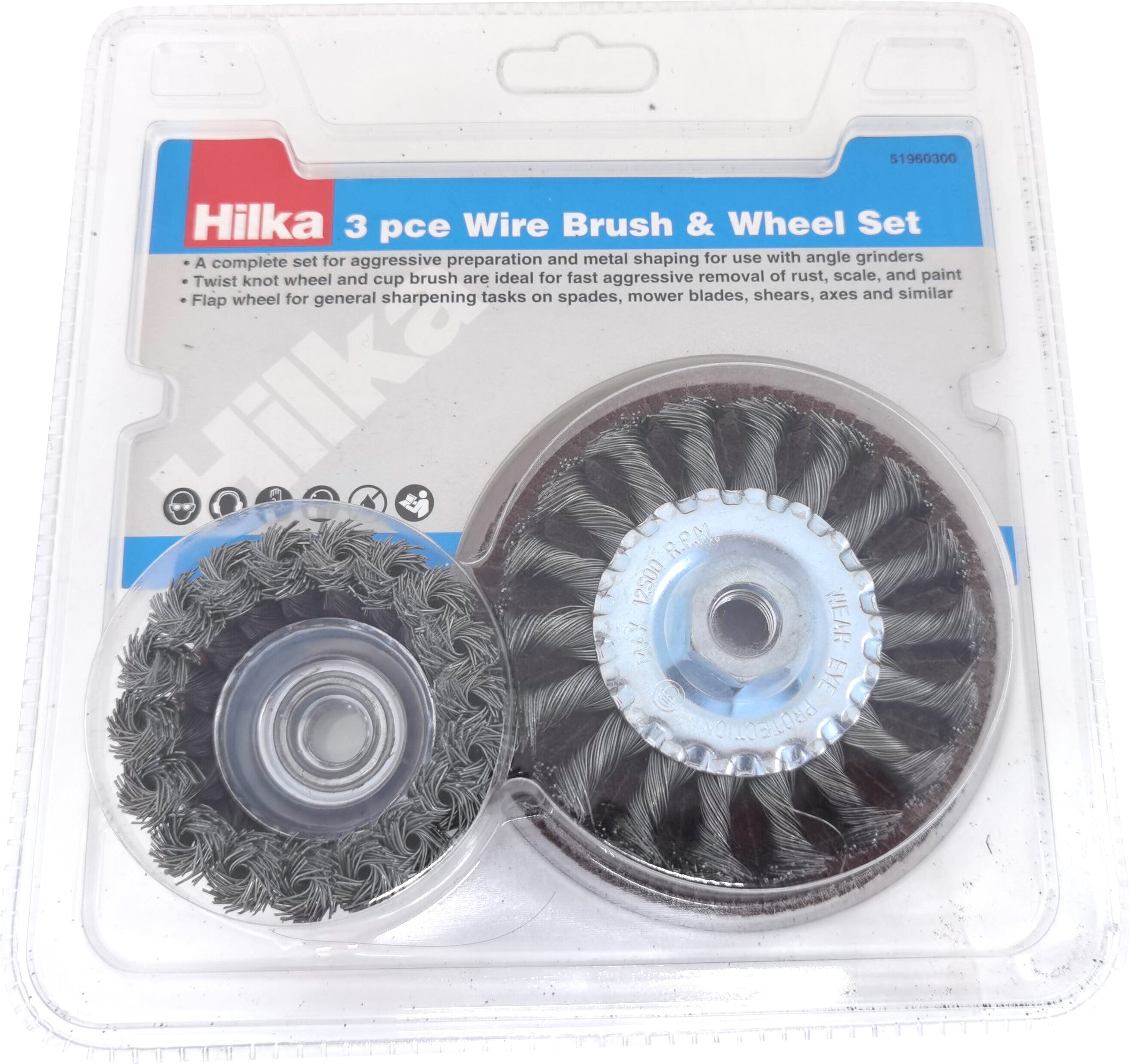 Hilka 3 pce Flap Disc, Wire Wheel and Cup Brush Set 51960300