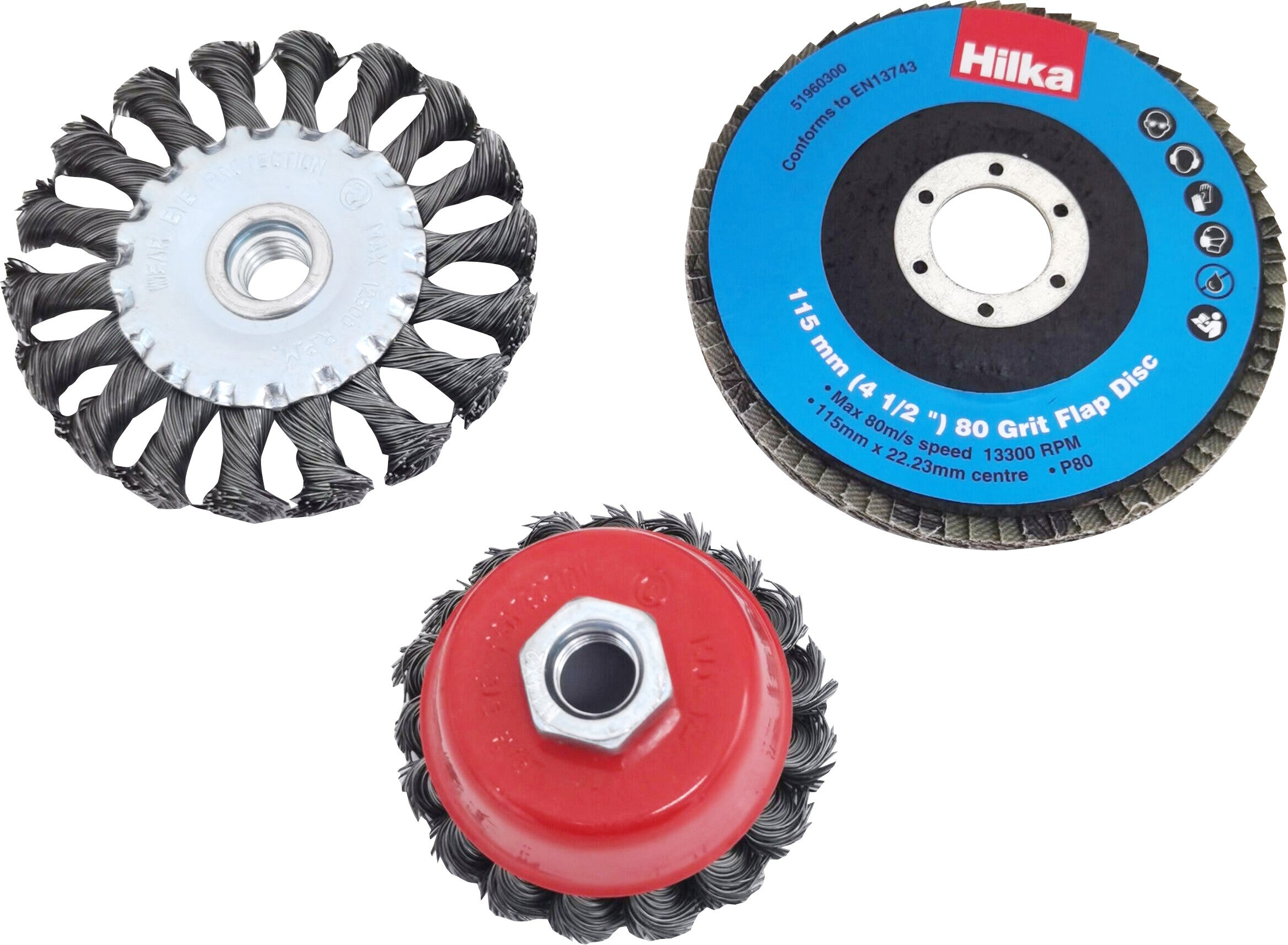 Hilka 3 pce Flap Disc, Wire Wheel and Cup Brush Set 51960300