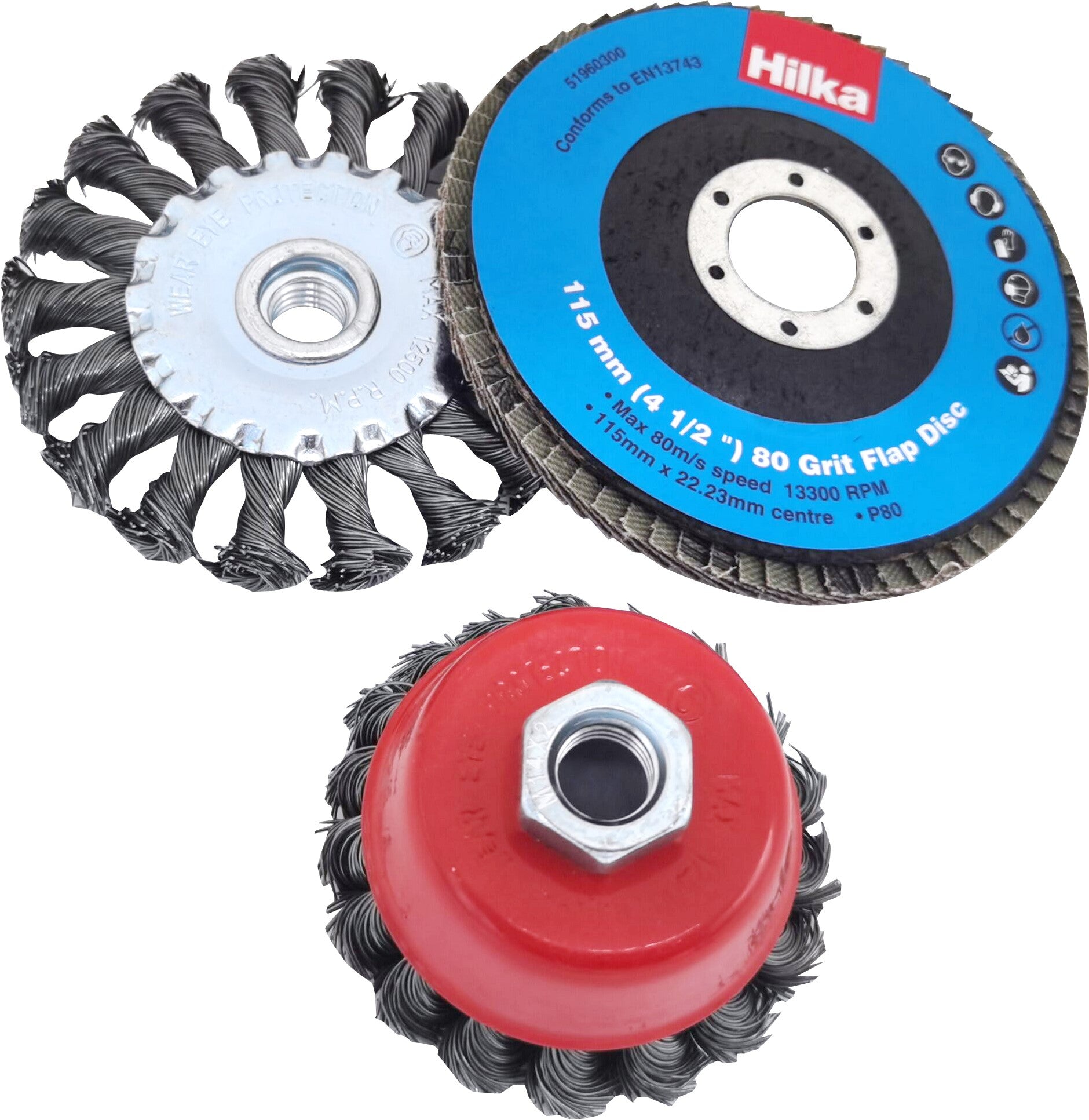 Hilka 3 pce Flap Disc, Wire Wheel and Cup Brush Set 51960300