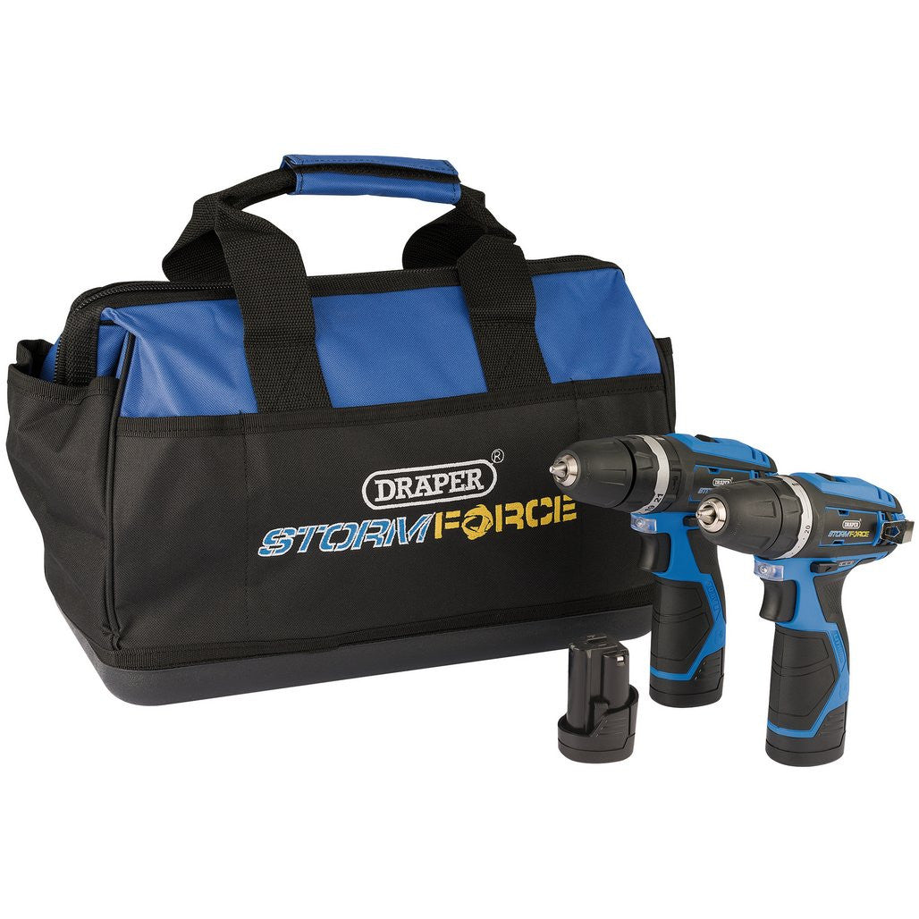 Draper Storm Force® 10.8V Power Interchange Combi Drill and Rotary Drill Twin Kit, 3 x 1.5Ah Batteries, 1 x Charger, 1 x Bag  52031