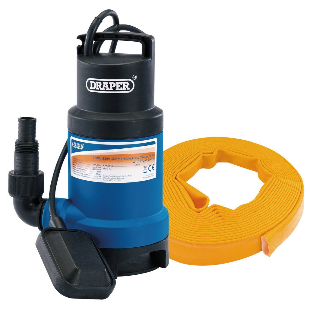 Draper Submersible Dirty Water Pump Kit with Layflat Hose & Adaptor, 200L/Min, 10m x 25mm, 350W  61814