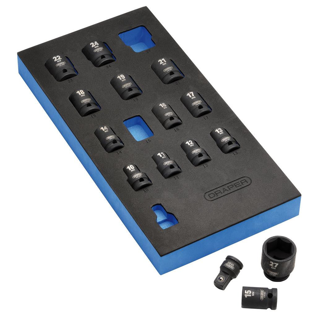 Draper Draper HI-TORQ® Metric Impact Socket Set in EVA Drawer Insert Tray, 1/2" Sq. Dr. (15 Piece)