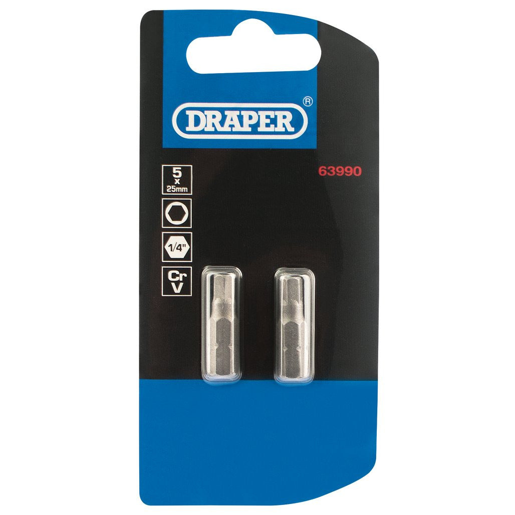 Draper Hexagonal Insert Bit, 5mm, 1/4" Hex, 25mm Long (Pack of 2)  63990