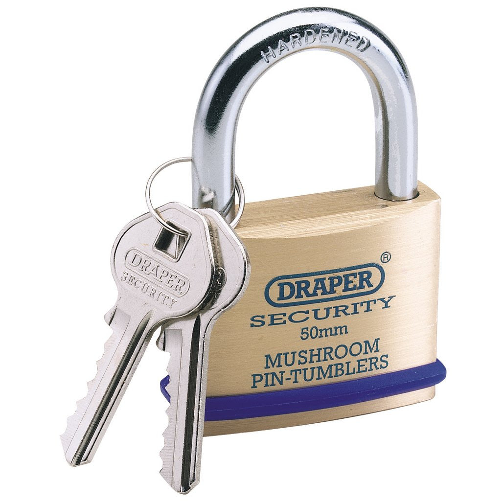 Draper Solid Brass Padlock and 2 Keys with Mushroom Pin Tumblers Hardened Steel Shackle and Bumper, 50mm