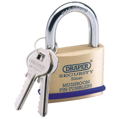 Draper Solid Brass Padlock and 2 Keys with Mushroom Pin Tumblers Hardened Steel Shackle and Bumper, 50mm