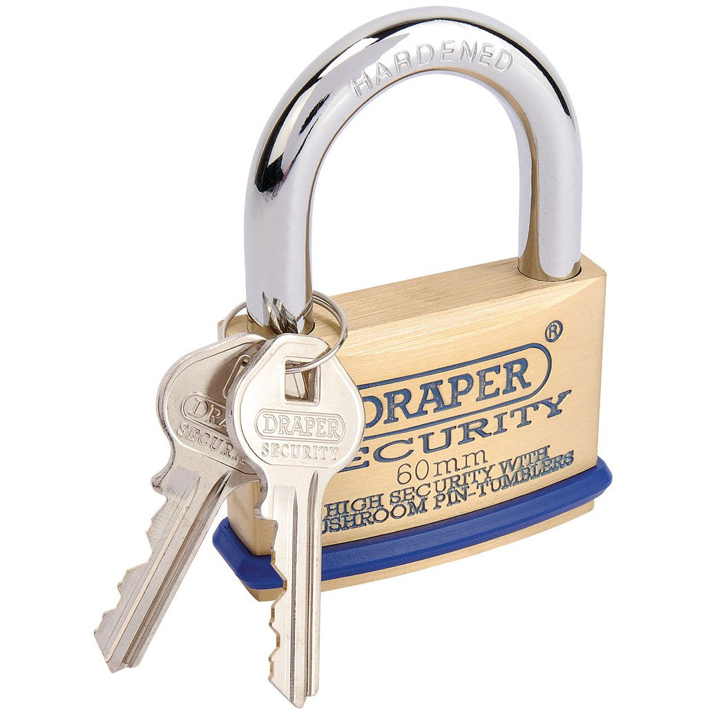 Draper Solid Brass Padlock and 2 Keys with Mushroom Pin Tumblers Hardened Steel Shackle and Bumper, 60mm