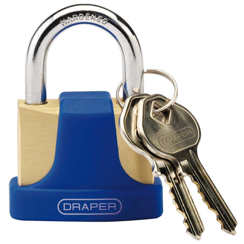 Draper Solid Brass Padlock and 2 Keys with Hardened Steel Shackle and Bumper, 42mm