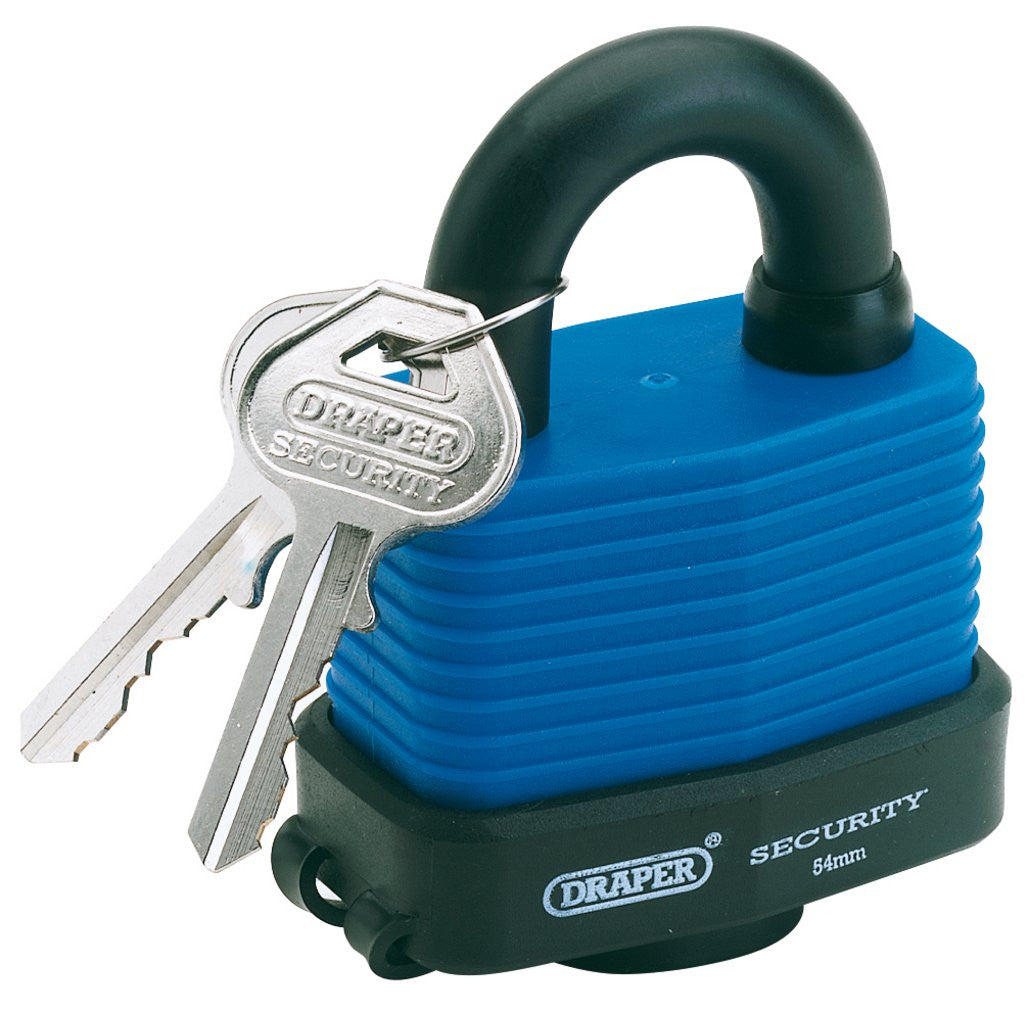 Draper Laminated Steel Padlock and 2 Keys with Hardened Steel Shackle and Bumper, 54mm  64178