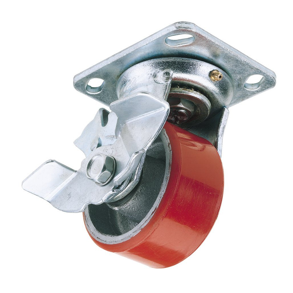 Draper Swivel Plate Fixing Heavy Duty Polyurethane Wheel with Brake, 125mm Diameter, S.W.L. 300kg